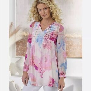 Soft Surroundings Floral Boho Beaded Bed of Roses Silk Chiffon Tunic Top Sz M